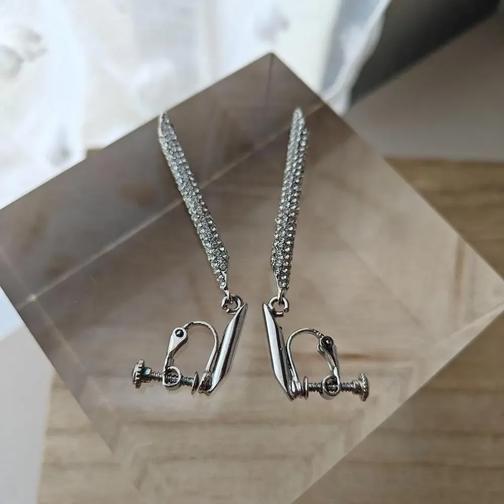 Vince Camuto silver tone pave rhinestone bar drop earrings